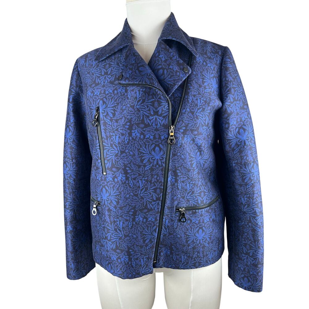 Mother of Pearl Floral Moto Jacket Blue Silk Cotton Blend UK 8 US 4 Oversized